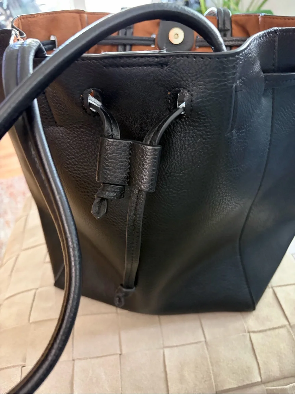 Classic Black Leather Drawstring Tote - Women